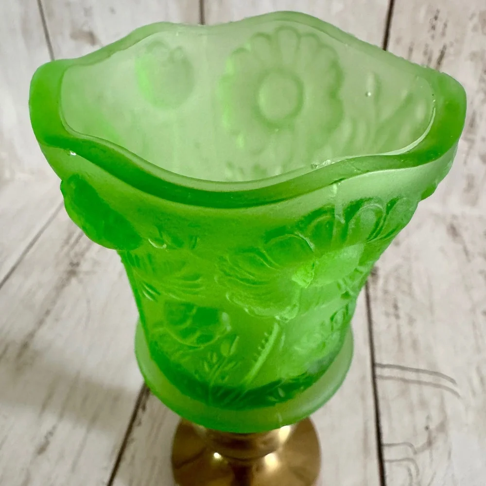Vintage Green Uranium Glass Floral Satin Frosted Brass Candle Holder 5 1/2